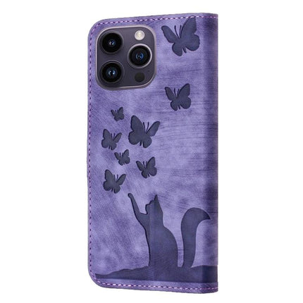 Butterfly Embossed Leather Flip Case for Daily Phone Protection purple PU leather wallet case with butterfly and cat design, kickstand and card slots