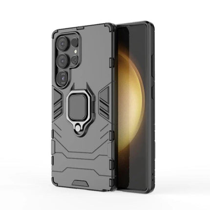 Alt Tag: Samsung Protective Case With Snug Fit For Everyday Use — rugged black PC+TPU case with ring kickstand and raised camera protection