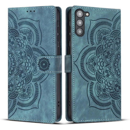 Daily Companion Leather Phone Case teal floral mandala wallet case with card slots, kickstand and full port access for Samsung devices