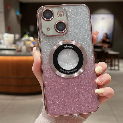 Stylish Phone Case for Everyday iPhone Protection showing sparkling pink TPU case with ring grip and precise camera cutouts