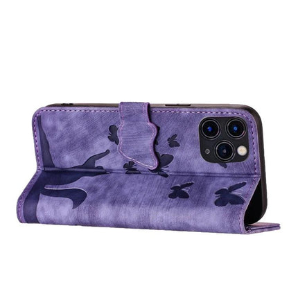 Stylish Flip Leather Phone Case With Card Slots in purple PU leather with butterfly cutouts, TPU bumper and built-in card slots, stand feature