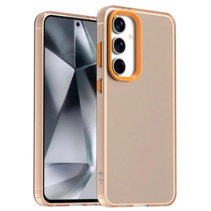 Essential Samsung Galaxy Phone Case for Everyday Protection slim TPU PC PET blend in gold, camera cutout, buttons accessible