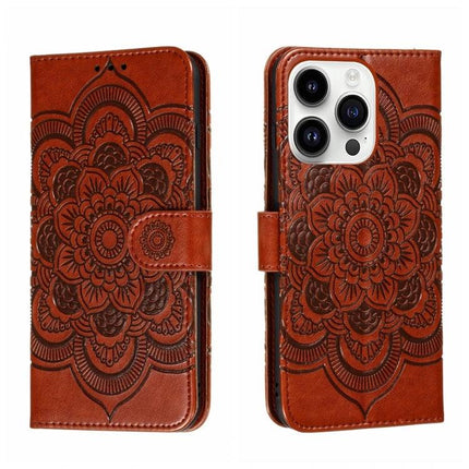 Sun Mandala Leather Case for Everyday iPhone Protection - brown PU leather wallet case with mandala design, card slots and stand