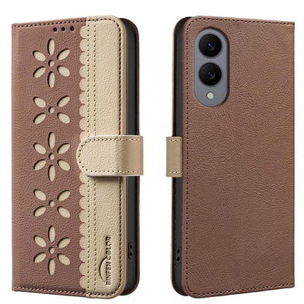 RFID Leather Wallet Case For Samsung Galaxy S26 Ultra 5G With 3 Card Slots - brown splicing hollow flower PU leather wallet case with kickstand