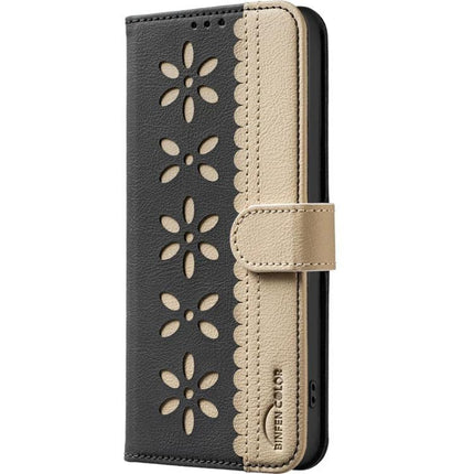 RFID Leather Wallet Case For Samsung Galaxy S26 Ultra 5G With 3 Card Slots – black and beige floral cutout PU leather wallet case with 3 card slots and kickstand