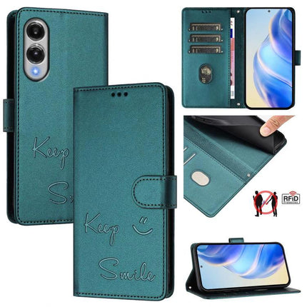 Smile Embossing Leather Phone Case With Card Holder For Everyday Carry On The Go teal wallet case with 3 card slots, cash pocket, RFID blocking