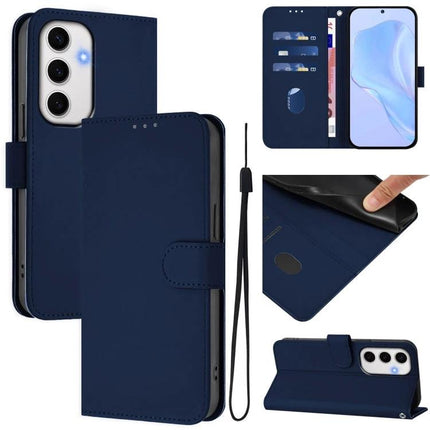 Leather Phone Case With Lanyard For Everyday Use navy wallet-style folio with card slot, stand and detachable lanyard