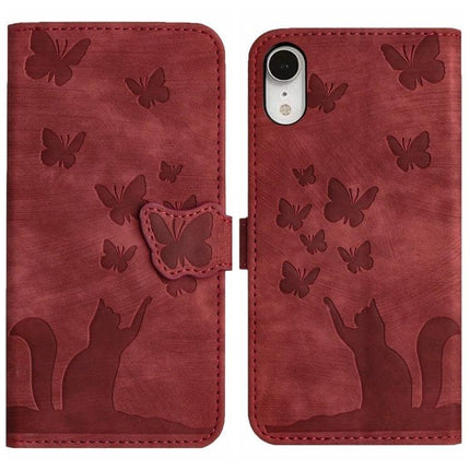 Butterfly Leather Flip Case With Card Slot in red faux leather with embossed butterflies and cat silhouette, card slot wallet phone cover