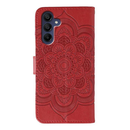 Sun Mandala Leather Case For Samsung Phones in red PU leather with embossed sun mandala, protective folio with stand and camera cutout