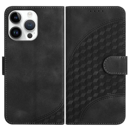 YX0060 Elephant Head Embossed PU Leather Case Lanyard For iPhone 15 Pro Max - black PU leather wallet case with embossed geometric elephant head pattern and lanyard