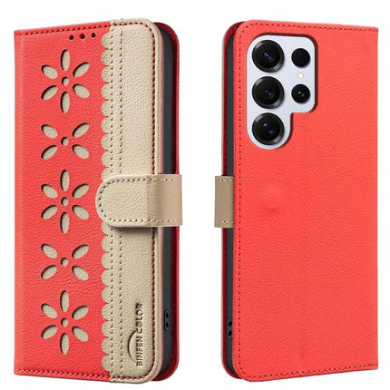 RFID Leather Wallet Case For Samsung Galaxy S23 Series Hollow Flower Pattern - red beige splicing PU leather with hollow flower cutouts and kickstand