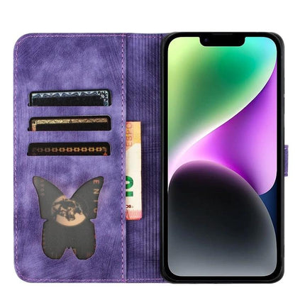 Leather Flip Case for Daily Phone and Card Organization in purple PU leather with card slots, cash pocket and butterfly cutout next to smartphone