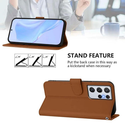 Leather Phone Case With Lanyard brown PU leather wallet-style case shown as kickstand for hands-free viewing and phone protection