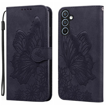 Leather Flip Case for Everyday Phone Protection – navy PU leather wallet case with embossed butterfly, card slots and wrist strap
