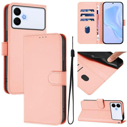 Solid Color Leather Phone Case With Lanyard For Daily Carry And Everyday Use Hands Free in pink wallet style with card slots, TPU shell, and detachable lanyard
