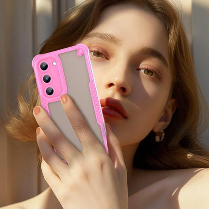Armor Glaze Case for Samsung Phones Everyday Protection slim pink two-material PC TPU case on phone held by model