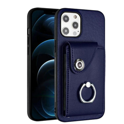 Organ Card Holder Ring Case For IPhone 13 Mini 12 Pro Max 6 Card Slots - navy PU wallet case with ring holder and 6 card slots