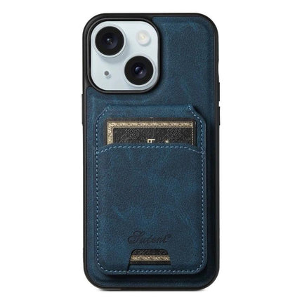 Suteni H16 Detachable Wallet Back Case For iPhone 15 14 Plus 14 Pro 14 Pro Max — blue litchi-texture PU leather wallet attached