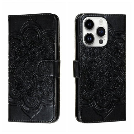 Sun Mandala Leather Case for Everyday iPhone Protection — black PU leather wallet case with embossed mandala, card slots and kickstand