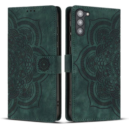 Daily Companion Leather Phone Case in green PU leather wallet style with embossed mandala, card slots, kickstand and precise cutouts for Samsung