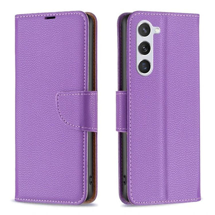 Leather Flip Phone Case With Card Slots in purple PU leather with kickstand, card pockets and magnetic closure shown front and back