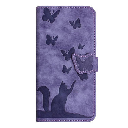 Butterfly Embossed Leather Phone Case For Everyday Carry - purple wallet case with cat silhouette, embossed butterflies, card slots and magnetic clasp