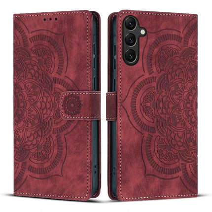 Leather Phone Case For Everyday Carry - red embossed folio with card slots and magnetic closure