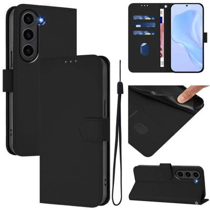 Samsung Leather Phone Case With Card Storage For Everyday Use showing black PU leather folio with card slots, cash compartment, strap and TPU phone base