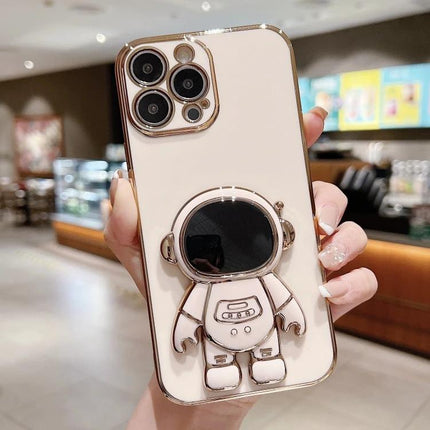 iPhone Case With Astronaut Stand For Hands-Free Video Watching showing white electroplated soft shell with 3D astronaut stand folded out