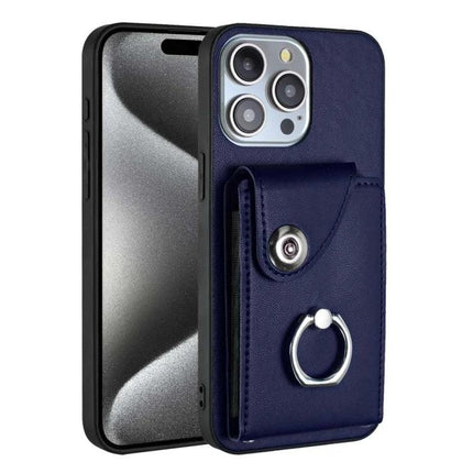Card Holder Ring Stand Case For IPhone 16 And 15 Pro Max 15 Pro 15 Plus - navy PU wallet case with 6 card slots and metal ring stand