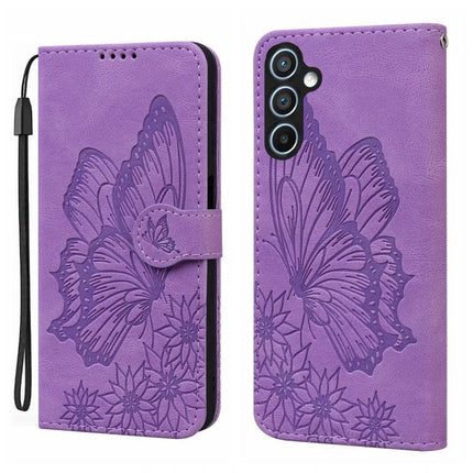 Leather Flip Case for Everyday Phone Protection - purple PU leather wallet case with embossed butterfly design and card slots