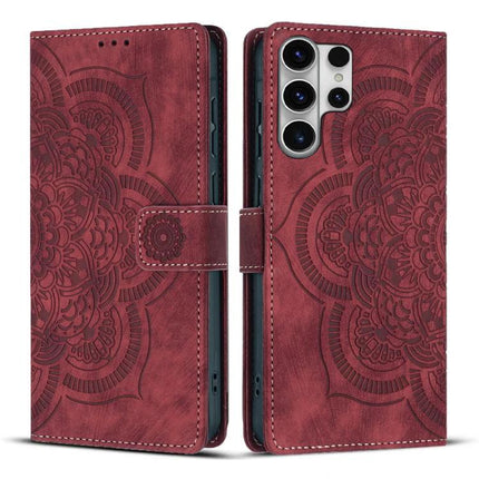 Everyday Leather Phone Case With Card Slots in red embossed mandala design, wallet folio with two card slots, cash pocket, and magnetic clasp