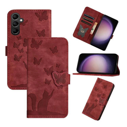 Leather Phone Case With Card Slots For Everyday Use - red wallet folio with cat and butterfly embossing, card slots and kickstand