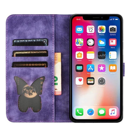 Butterfly Leather Flip Case With Card Slot in purple wallet style showing card slots, cash pocket and phone display