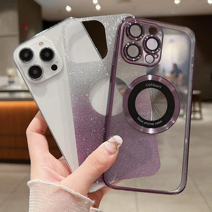 Daily Phone Case for iPhone 12 Everyday Protection – purple magnetic glitter TPU case showing camera ring, slim scratch-and-bump guard