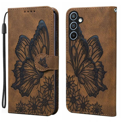 Leather Flip Case for Everyday Phone Protection – brown PU leather wallet case with black butterfly floral print, card slots and wrist strap