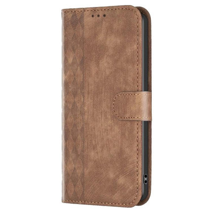 Plaid Embossed Leather Phone Case For Everyday Carry With Card Slots And Cash Pocket - brown folio wallet cover with card slots