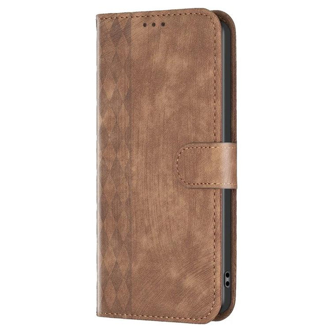 Plaid Embossed Leather Phone Case For Everyday Carry With Card Slots And Cash Pocket - brown folio wallet cover with card slots