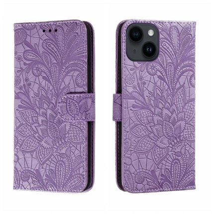 Leather Flip Case for iPhone Everyday Protection purple embossed floral wallet case with built-in stand and 360-degree shock protection