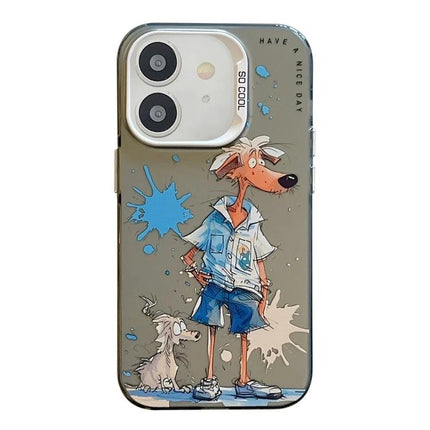 Animal Pattern iPhone Case for Everyday Protection featuring cartoon dog character with small dog and paint splatters on TPU PC case