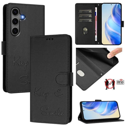 Smile Embossing Leather Phone Case With Card Holder For Everyday Carry On The Go - black leather wallet case with 3 card slots, cash pocket, RFID block