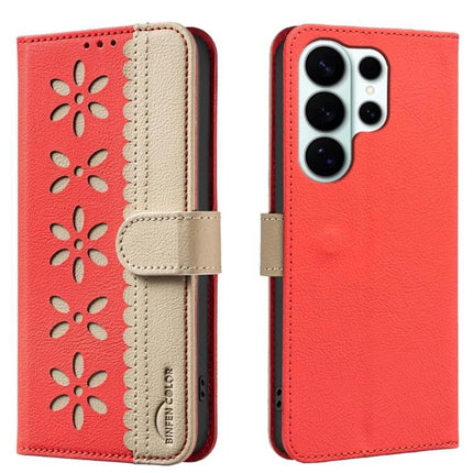 RFID Leather Wallet Case For Samsung Galaxy S26 Ultra 5G With 3 Card Slots - red hollow flower PU leather wallet case with 3 card slots and kickstand