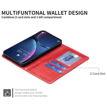Leather Phone Case With Card Slot showing red PU leather wallet design, 2 card slots, ID window and phone stand feature