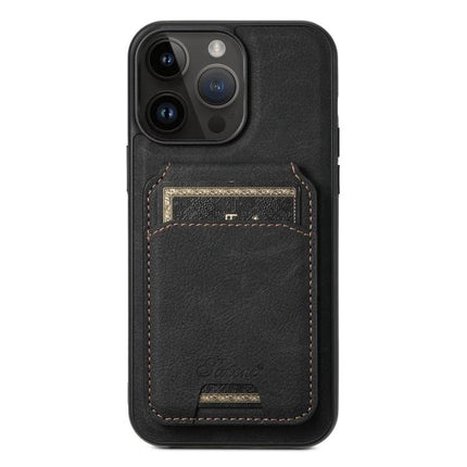 Suteni H16 Leather Detachable Wallet Back Case For IPhone 13 Pro And 12 Pro - black litchi PU leather magnetic wallet case showing card pocket