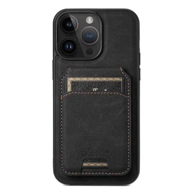 Suteni H16 Leather Detachable Wallet Back Case For IPhone 13 Pro And 12 Pro - black litchi PU leather magnetic wallet case showing card pocket