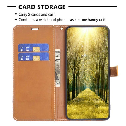 Leather Phone Case With Built-In Stand For Everyday Protection showing open brown wallet case with card slots, cash pocket, lanyard and phone in built-in stand
