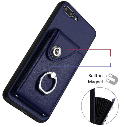 Organ Card Holder Case For iPhone 8 Plus 7 Plus With Ring Stand And 6 Card Slots – navy PU wallet case with ring and 6 card slots
