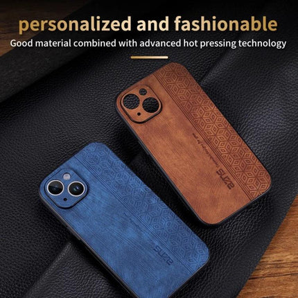 AZNS 3D Embossed Phone Case for Everyday iPhone Protection with blue and brown leather-textured TPU grip, embossed geometric pattern