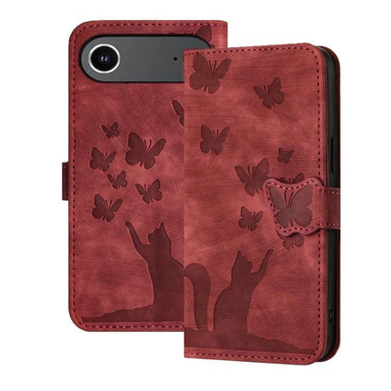 Butterfly Embossed Leather Phone Case For Everyday Carry - red wallet case with butterfly and cat design, card slots and TPU protection