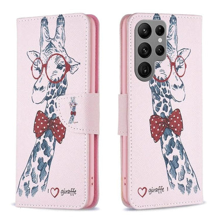 Leather Phone Case for Galaxy - Slim Everyday Protection for Daily Phone Handling shown in pink giraffe wallet folio with glasses and bow tie